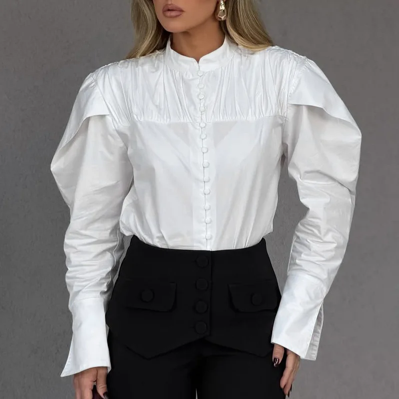 Women's Stylish White Shirt, Stand Collar with Leg-of-Mutton Long Sleeves, Irregular Pleated Design, Elegant for Office Wear
Women's Stylish White Shirt, Stand Collar with Leg-of-Mutton Long Sleeves, Irregular Pleated Design, Elegant for Office Wear