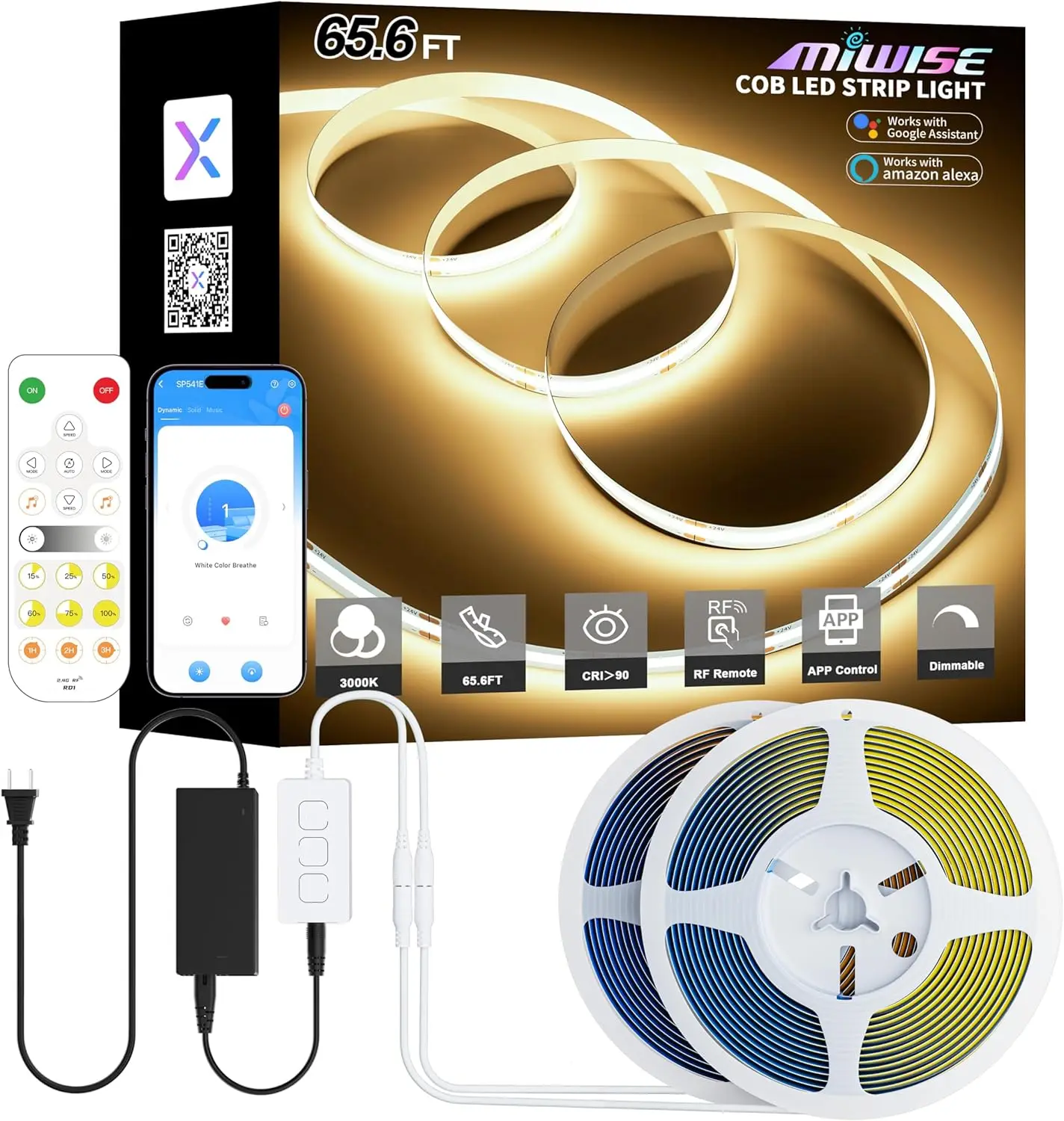 COB LED Strip Lights 65.6ft/20m,UL-Listed CRI 90+ Dimmable 3000K Warm White Super Bright,with APP Control/RF Remote,Work with
COB LED Strip Lights 65.6ft/20m,UL-Listed CRI 90+ Dimmable 3000K Warm White Super Bright,with APP Control/RF Remote,Work with