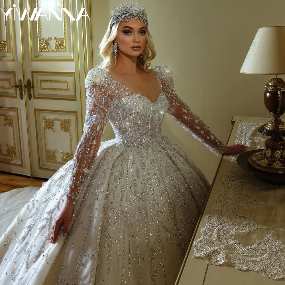 Princess Charming Beaded Lace Wedding Dress Modest O-neck Long Sleeve Bridal Gown Customized Dreamy Crystal Dresses For Bride
Princess Charming Beaded Lace Wedding Dress Modest O-neck Long Sleeve Bridal Gown Customized Dreamy Crystal Dresses For Bride