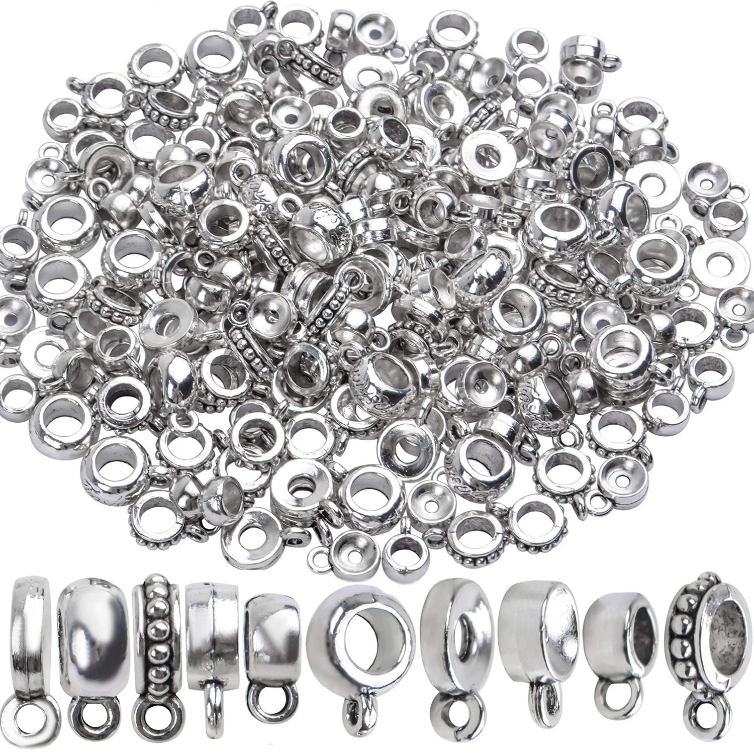 100g (About 100-150pcs) Tibetan Silver Bail Beads Jewelry Connector Bails Beads for Necklace Bracelet Jewelry Making,5 Styles
100g (About 100-150pcs) Tibetan Silver Bail Beads Jewelry Connector Bails Beads for Necklace Bracelet Jewelry Making,5 Styles