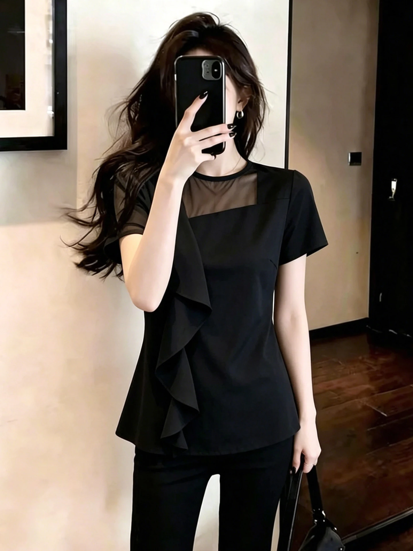 Elegant Black Chiffon Shirt Short Sleeve Base Layer Top Summer 2026 Fashion Slimming Women's Premium Style round Neck Shirt
Elegant Black Chiffon Shirt Short Sleeve Base Layer Top Summer 2026 Fashion Slimming Women's Premium Style round Neck Shirt
