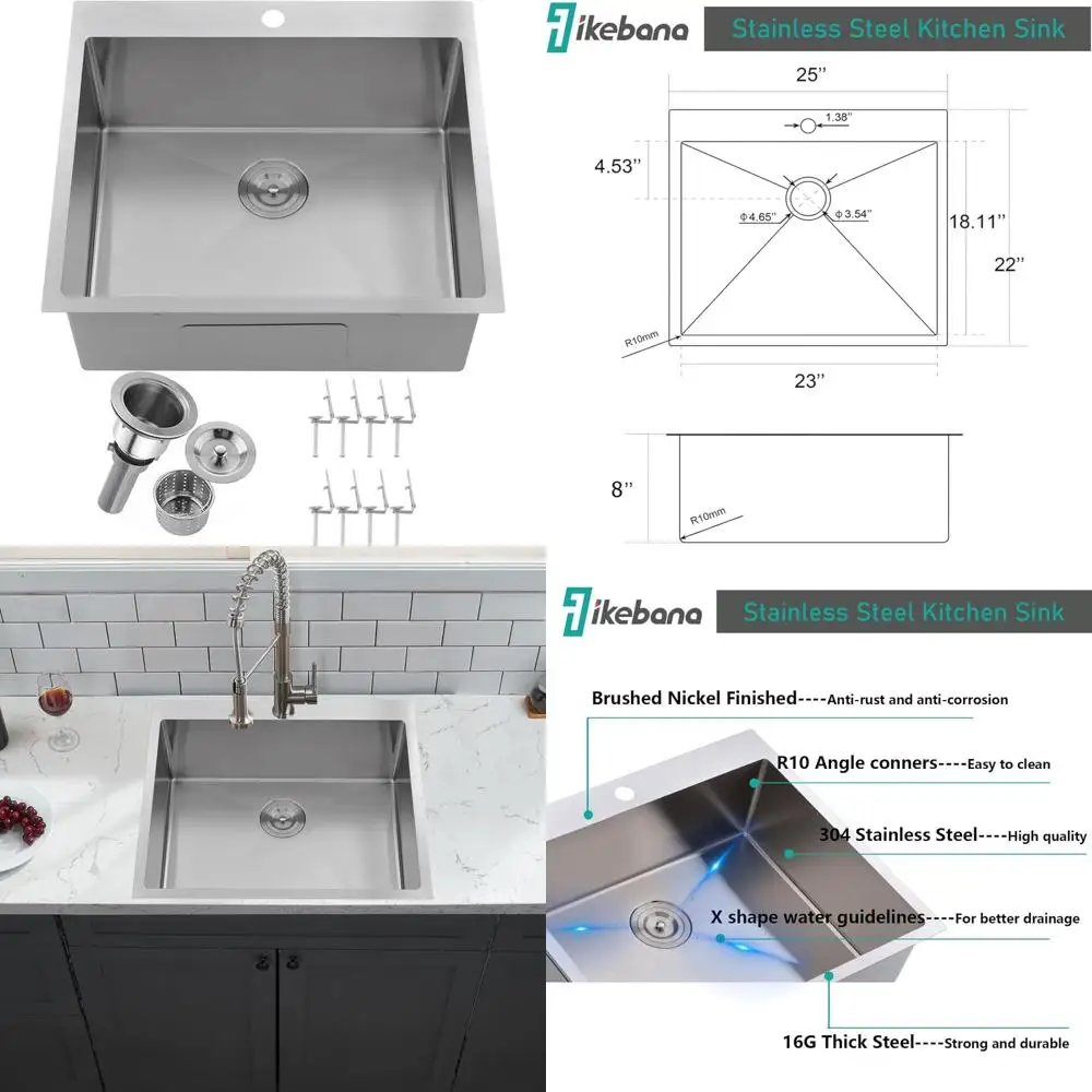Stainless Steel 25x22 Top Mount Kitchen Sink - 16 Gauge, Brushed Nickel Finish, RV & Laundry Utility Sink
Stainless Steel 25x22 Top Mount Kitchen Sink - 16 Gauge, Brushed Nickel Finish, RV & Laundry Utility Sink