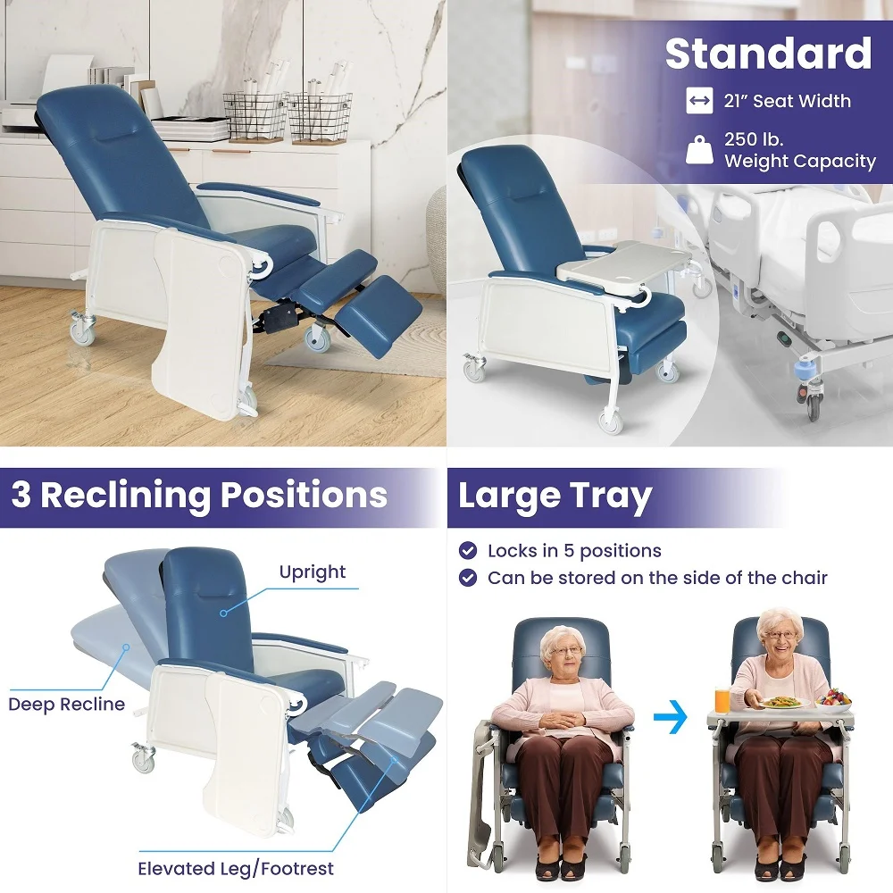 Recliner Chairs for Elderly Standard Geri Chair Recliner with Wheels, Tray, and Elevating Legrests for Seniors
Recliner Chairs for Elderly Standard Geri Chair Recliner with Wheels, Tray, and Elevating Legrests for Seniors