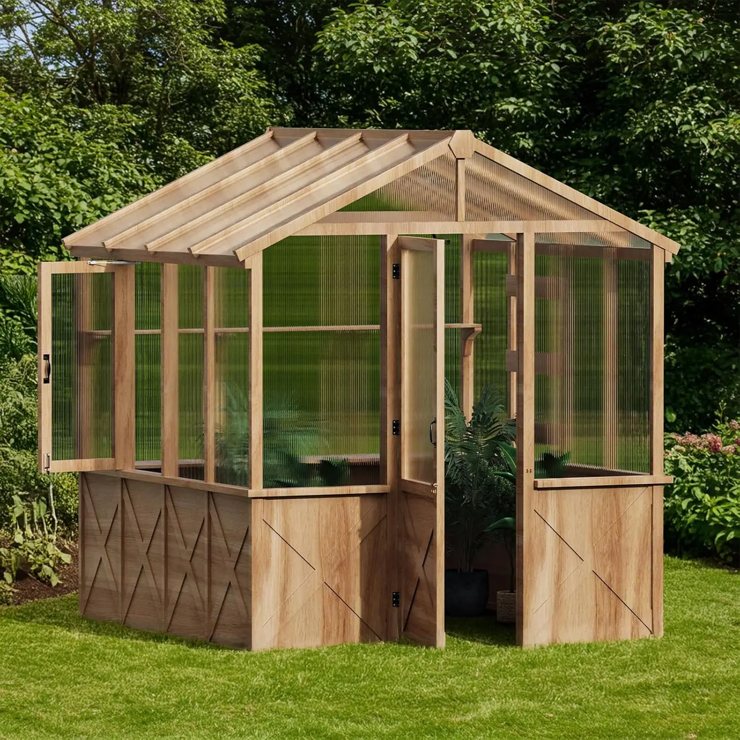 8x8x7.5FT Wooden Greenhouse Shelves Plant Hooks Sloped Roof UV 6mm Polycarbonate Panels Spruce Frame Outdoor Garden, Custom
8x8x7.5FT Wooden Greenhouse Shelves Plant Hooks Sloped Roof UV 6mm Polycarbonate Panels Spruce Frame Outdoor Garden, Custom