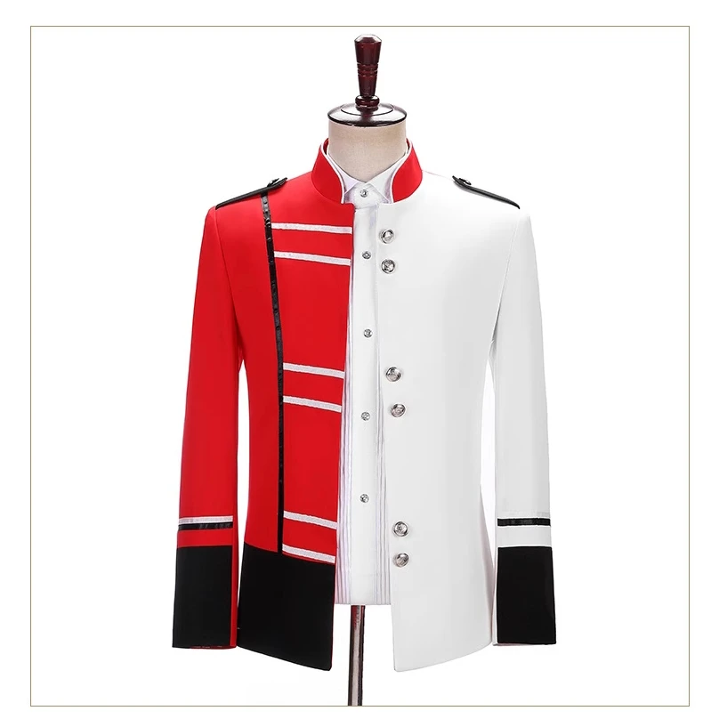 Мужской европейский стиль, красный и белый воротник-стойка, дворец, сценическая военная форма, костюм для выступлений, мужской костюм ведущего певца в стиле милитари
Мужской европейский стиль, красный и белый воротник-стойка, дворец, сценическая военная форма, костюм для выступлений, мужской костюм ведущего певца в стиле милитари
