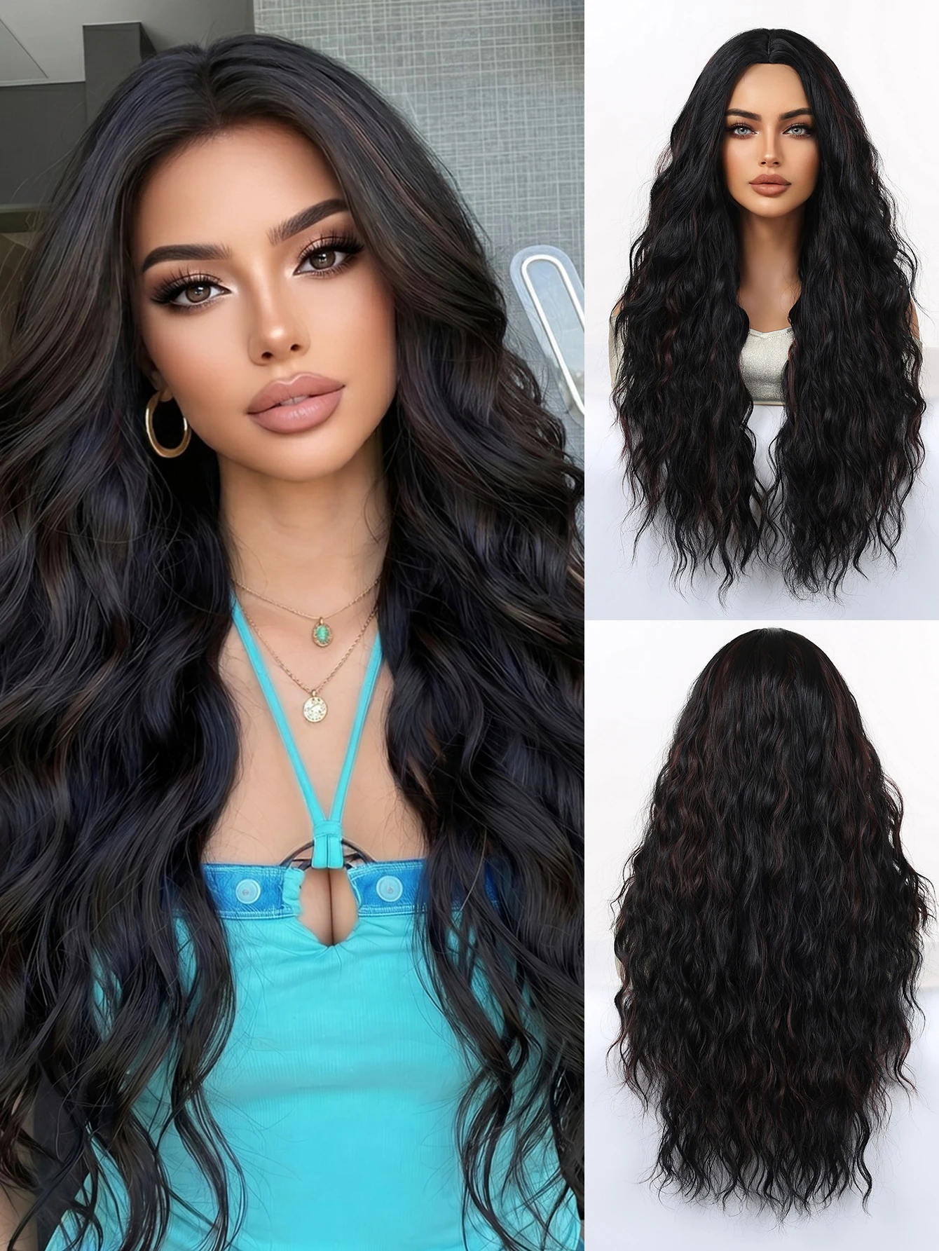 Long Black Wavy Synthetic Wig with Auburn Highlights - Natural Hairline Middle Part Curly Wig for Black Women Daily Wear
Long Black Wavy Synthetic Wig with Auburn Highlights - Natural Hairline Middle Part Curly Wig for Black Women Daily Wear