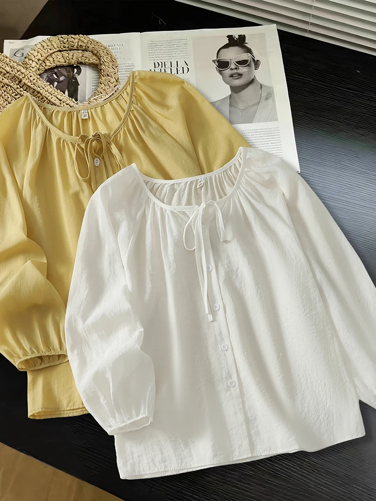 Simple Pure Color Women's Shirt Bubble Sleeve Loose Casual Summer Fashion Top Easy Match Casual Wear round Neck Button Detail
Simple Pure Color Women's Shirt Bubble Sleeve Loose Casual Summer Fashion Top Easy Match Casual Wear round Neck Button Detail