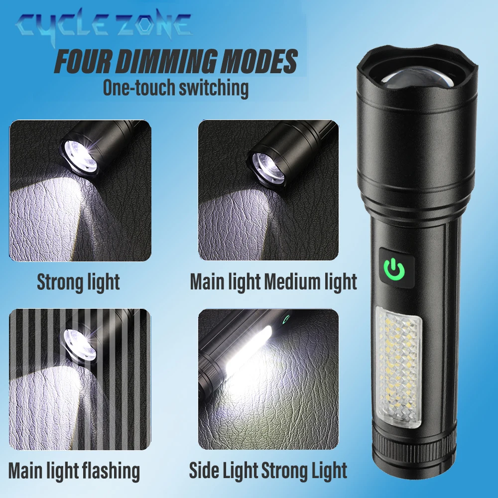 Powerful LED Flashlight Rechargeable Zoomable Torch with COB Side Light Fishing Lantern Power Bank Outdoor Camping Hiking Lamp
Powerful LED Flashlight Rechargeable Zoomable Torch with COB Side Light Fishing Lantern Power Bank Outdoor Camping Hiking Lamp