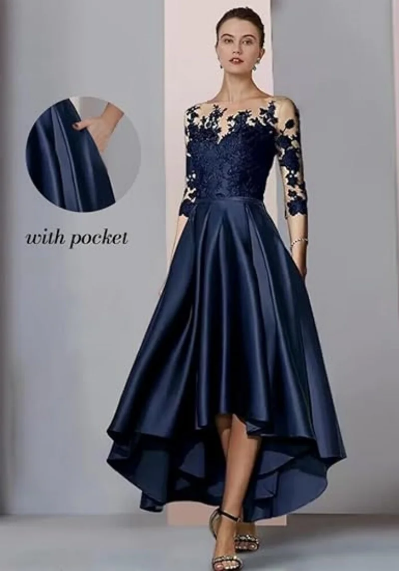 High Low Mother of The Bride Dresses with Pockets Pleated Lace Appliques Satin Formal Evening Party Gown
High Low Mother of The Bride Dresses with Pockets Pleated Lace Appliques Satin Formal Evening Party Gown