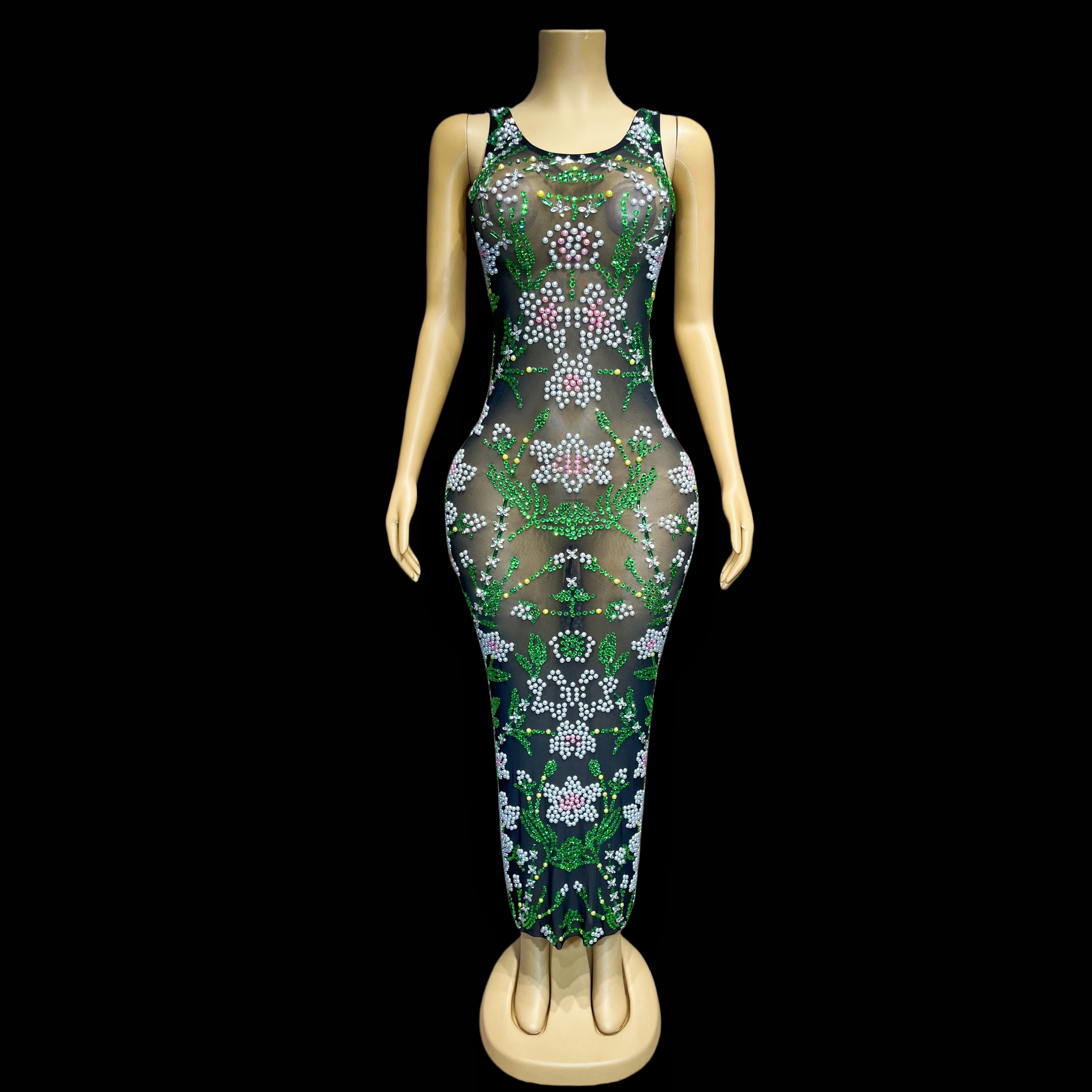 Flower Pattern Sexy Mesh Dress Shiny Rhinestone Pearl Dress Ladies Party Party Celebration Costumes Stage Costumes Xiuzhen
Flower Pattern Sexy Mesh Dress Shiny Rhinestone Pearl Dress Ladies Party Party Celebration Costumes Stage Costumes Xiuzhen