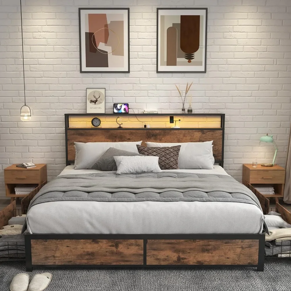 King Size Bed Frame,2-Tier Storage Headboard, Metal Platform Frame with 4 Storage Drawers, Built in Charging Station & Camas
King Size Bed Frame,2-Tier Storage Headboard, Metal Platform Frame with 4 Storage Drawers, Built in Charging Station & Camas