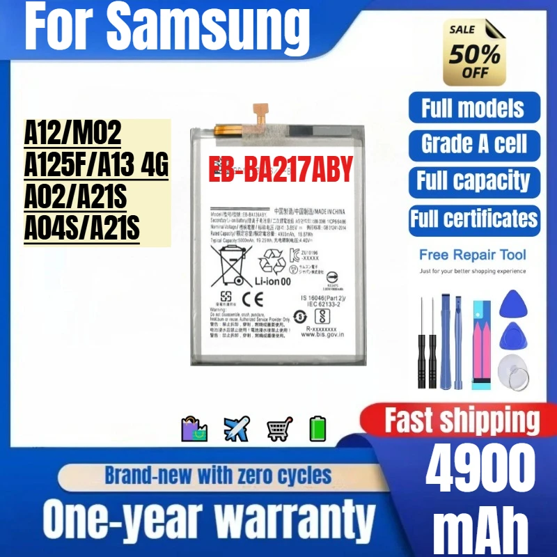 EB-BA217ABY for Samsung A12/M02/A125F/A13 4G/A02/A21S/A04S/A21S Mobile Phone Battery Replacement Bateria Grade A Cell with Tools
EB-BA217ABY for Samsung A12/M02/A125F/A13 4G/A02/A21S/A04S/A21S Mobile Phone Battery Replacement Bateria Grade A Cell with Tools