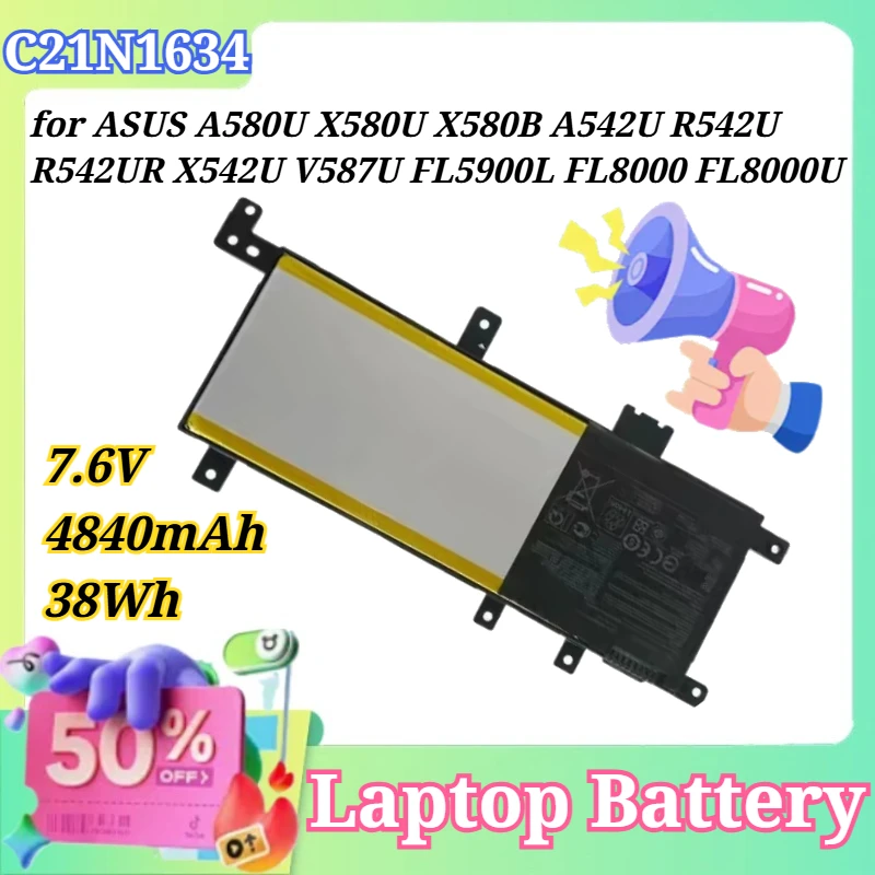 7.6V 4840mAh 38Wh C21N1634 Laptop Battery for ASUS A580U X580U X580B A542U R542U R542UR X542U V587U FL5900L FL8000+Free Tools
7.6V 4840mAh 38Wh C21N1634 Laptop Battery for ASUS A580U X580U X580B A542U R542U R542UR X542U V587U FL5900L FL8000+Free Tools