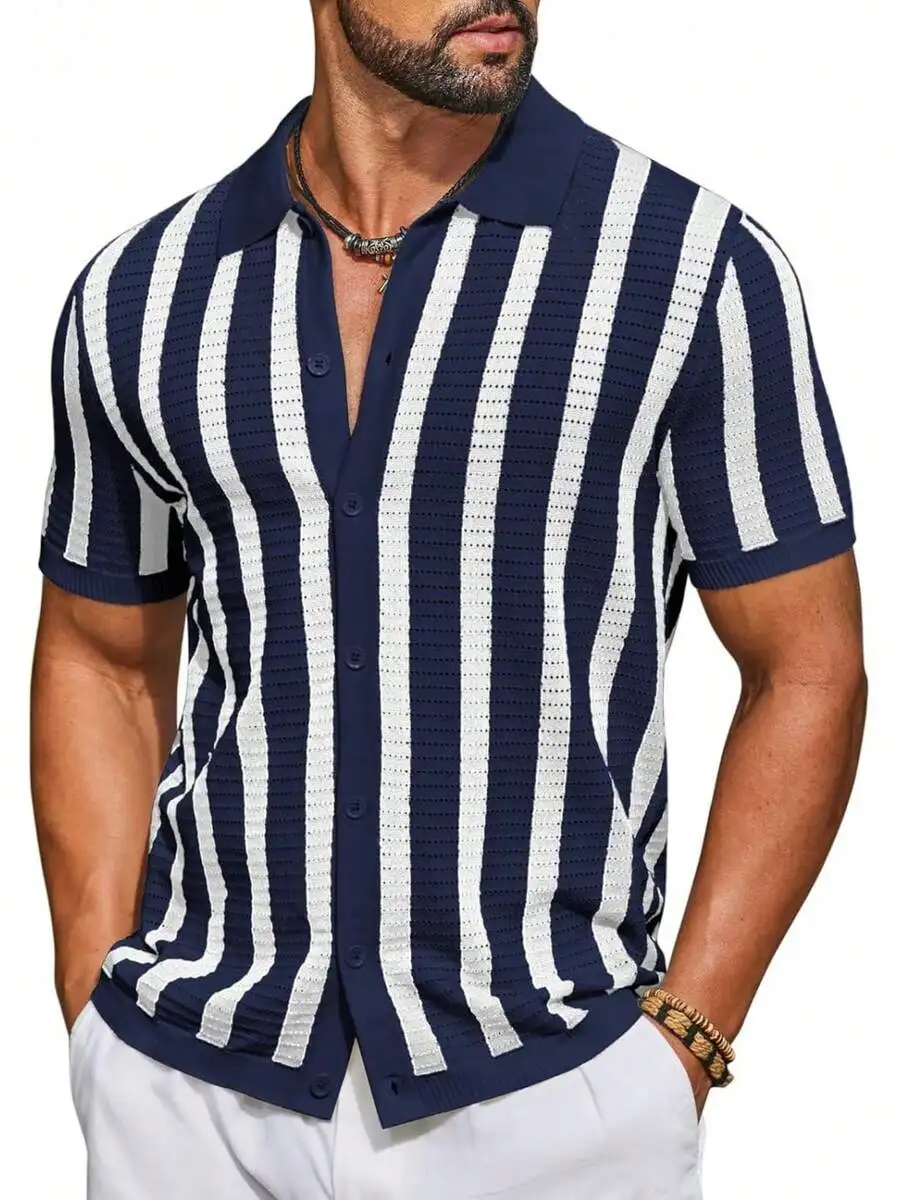Mens Knitted Short Sleeve Button Up Shirt Striped Casual Summer Beach Top
Mens Knitted Short Sleeve Button Up Shirt Striped Casual Summer Beach Top