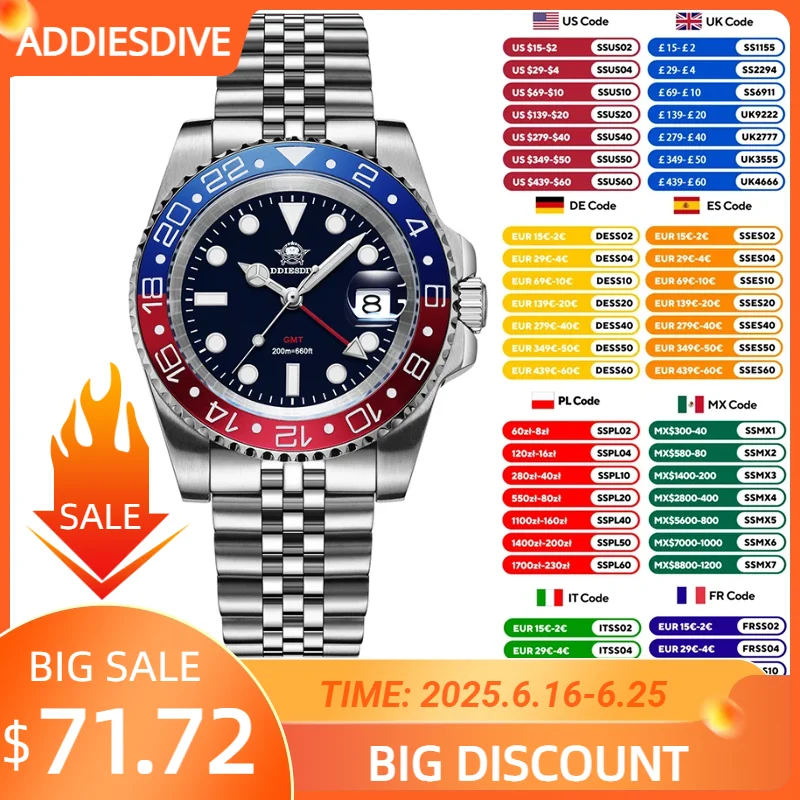ADDIESDIVE Hot Sale AD2050 GMT Quartz Watch For Men Stainless Steel Super Luminous 200M Waterproof Diving Watches Reloj Hombre
ADDIESDIVE Hot Sale AD2050 GMT Quartz Watch For Men Stainless Steel Super Luminous 200M Waterproof Diving Watches Reloj Hombre