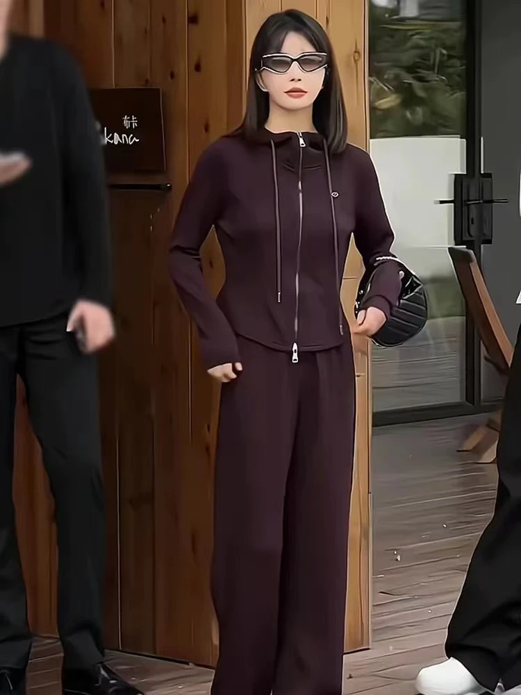 Wine red zipper fashionable hooded sweatshirt sports suit for women spring 2025 new wide leg pants two-piece set
Wine red zipper fashionable hooded sweatshirt sports suit for women spring 2025 new wide leg pants two-piece set