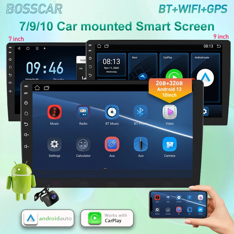 BOSSCAR 7/9/10 inch 2ID Universal Car Radio CarPlay Android 12 Auto radio WIFI GPS Bluetooth Audio Multimedia Video Player
BOSSCAR 7/9/10 inch 2ID Universal Car Radio CarPlay Android 12 Auto radio WIFI GPS Bluetooth Audio Multimedia Video Player