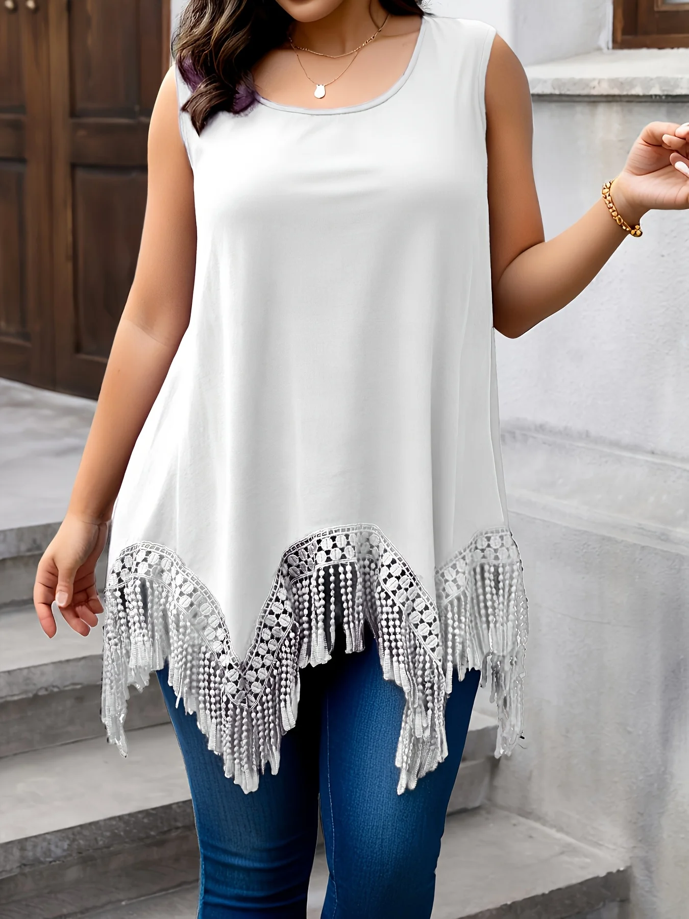 Туника без рукавов больших размеров с подолом с бахромой в стиле бохо, шикарная, свободная посадка, удобная повседневная одежда
Туника без рукавов больших размеров с подолом с бахромой в стиле бохо, шикарная, свободная посадка, удобная повседневная одежда