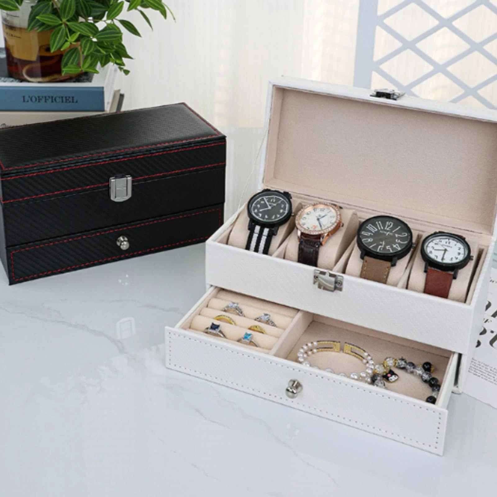 Jewelry and Watch Box Faux Leather Double-Layer Jewelry Box 2 Layer Watch Organizer Woven Texture Storage Hinged Lid
Jewelry and Watch Box Faux Leather Double-Layer Jewelry Box 2 Layer Watch Organizer Woven Texture Storage Hinged Lid