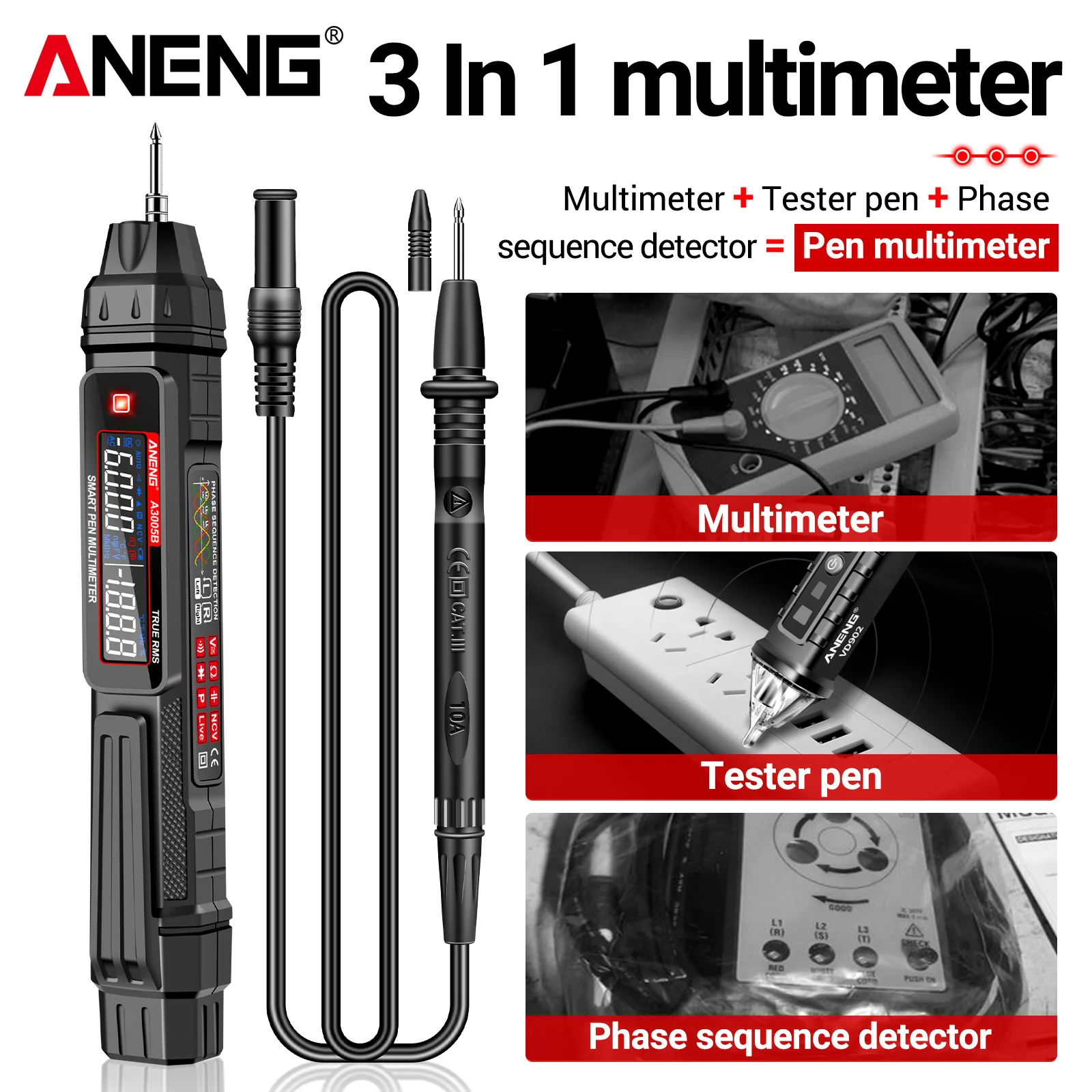 ANENG A3005B 3-in-1 Multimeter Pen Smart AC/DC Voltage Tester 6000 Counts Phase Sequence Detection NCV Ohm Capacitance Temp Tool
ANENG A3005B 3-in-1 Multimeter Pen Smart AC/DC Voltage Tester 6000 Counts Phase Sequence Detection NCV Ohm Capacitance Temp Tool