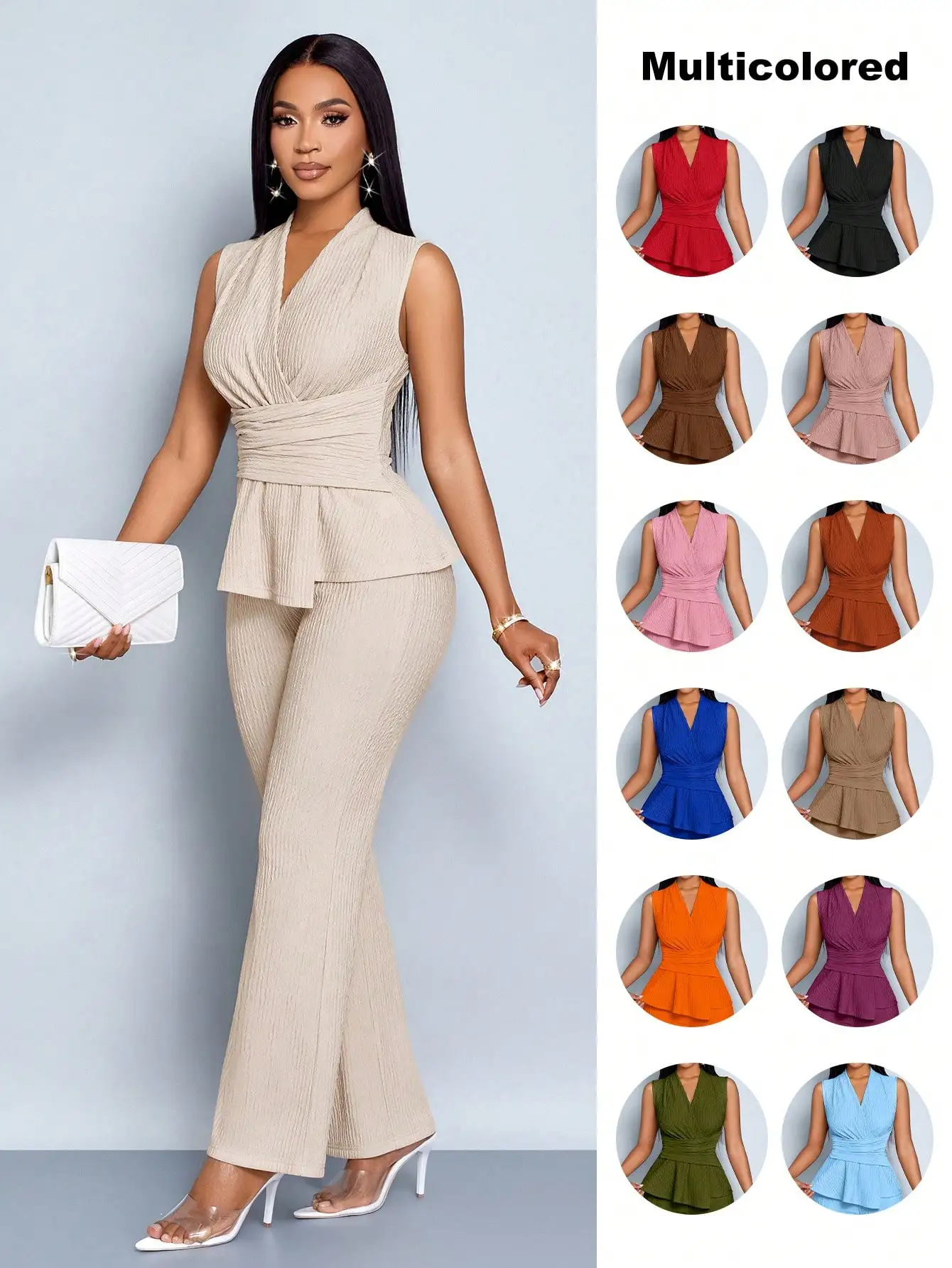 Женский абрикосовый элегантный комплект из двух предметов: футболка с V-образным вырезом и длинными рукавами, брюки с широкими штанинами, асимметричный подол, повседневный стиль
Женский абрикосовый элегантный комплект из двух предметов: футболка с V-образным вырезом и длинными рукавами, брюки с широкими штанинами, асимметричный подол, повседневный стиль