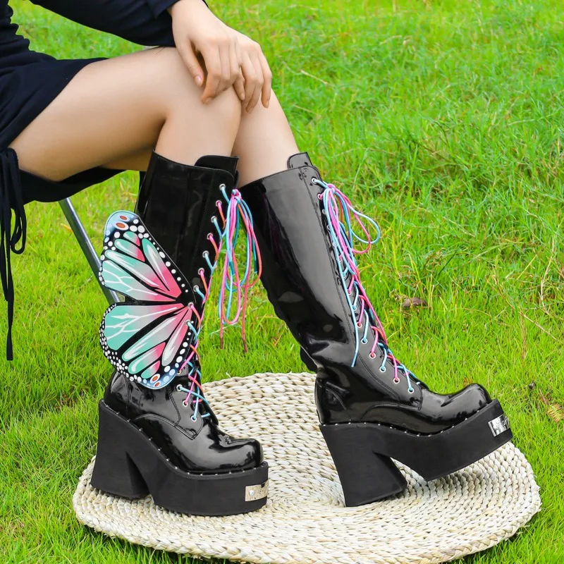 Women's Dark Platform Locomotive Boot Punk Style Knee Boot Fashion Colored Wings Butterfly Mid Boot Women Tide Boots Boats Mujer 
Women's Dark Platform Locomotive Boot Punk Style Knee Boot Fashion Colored Wings Butterfly Mid Boot Women Tide Boots Boats Mujer