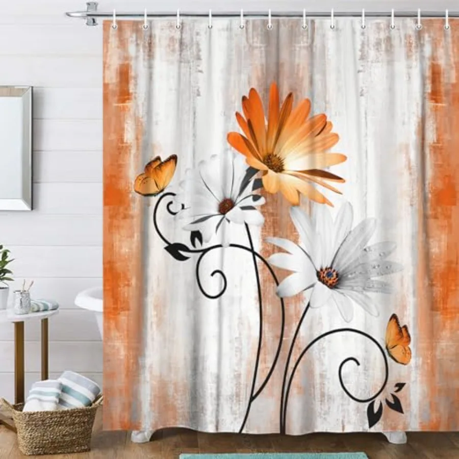 Rustic Farmhouse Shower Curtain, Farm Orange Daisy Floral Fall Flowers and Butterfly on Country Wooden Autumn Shower Curtain fo
Rustic Farmhouse Shower Curtain, Farm Orange Daisy Floral Fall Flowers and Butterfly on Country Wooden Autumn Shower Curtain fo