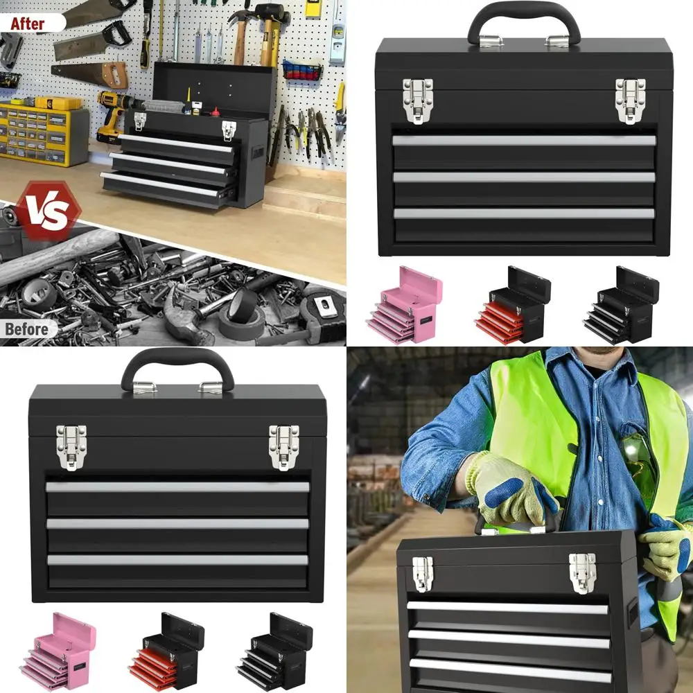 Compact 3-Drawer Steel Toolbox with Lock and Organizer for Portable Tool Storage (Black)