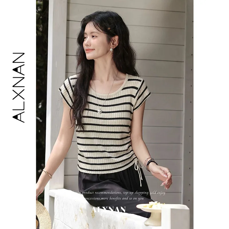 ALXNAN Striped Knit Short Sleeve T-shirt with Drawstring Waist Ruffled Design Tees 2026 Summer Causal Elegant Female Top L65671A
ALXNAN Striped Knit Short Sleeve T-shirt with Drawstring Waist Ruffled Design Tees 2026 Summer Causal Elegant Female Top L65671A