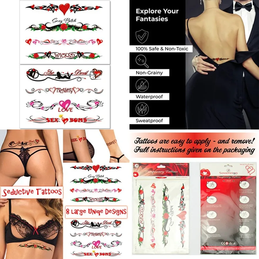 8 Large Sexy Naughty Temporary Tattoos for Women Ladies - Adult Fun for Lower Back Legs Arms Stomach
8 Large Sexy Naughty Temporary Tattoos for Women Ladies - Adult Fun for Lower Back Legs Arms Stomach
