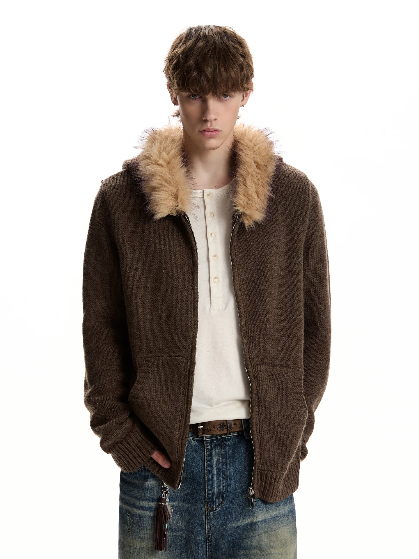 Vintage Sle Knitted Wool Blend Zipper Jaet with Fur Collar Versatile Cool Casual Outerwear for Men And Women
Vintage Sle Knitted Wool Blend Zipper Jaet with Fur Collar Versatile Cool Casual Outerwear for Men And Women