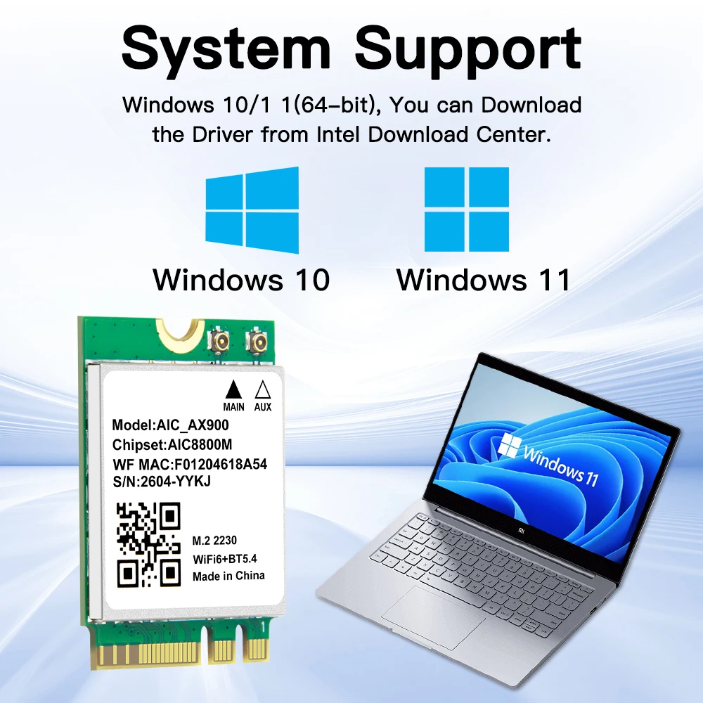 WiFi 6 AX900 Bluetooth 5.4 M.2 2230 Card AIC8800M Dual Band Wireless Adapter Network Card for Laptop Desktop Windows 10/11
WiFi 6 AX900 Bluetooth 5.4 M.2 2230 Card AIC8800M Dual Band Wireless Adapter Network Card for Laptop Desktop Windows 10/11