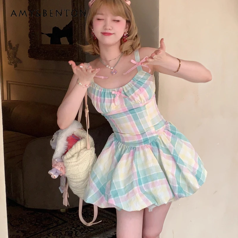 Japanese Original Design New Women's Puff Sleeve Dress Summer Colorful Plaid Cute Bow Slim Thin Sweet Camisole Dresses Ladies
Japanese Original Design New Women's Puff Sleeve Dress Summer Colorful Plaid Cute Bow Slim Thin Sweet Camisole Dresses Ladies