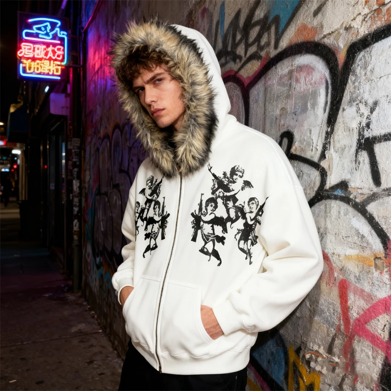 Осенне-зимняя новая негабаритная толстовка на молнии с капюшоном из искусственного меха, принт ангела, черная спортивная одежда в уличном стиле
Осенне-зимняя новая негабаритная толстовка на молнии с капюшоном из искусственного меха, принт ангела, черная спортивная одежда в уличном стиле