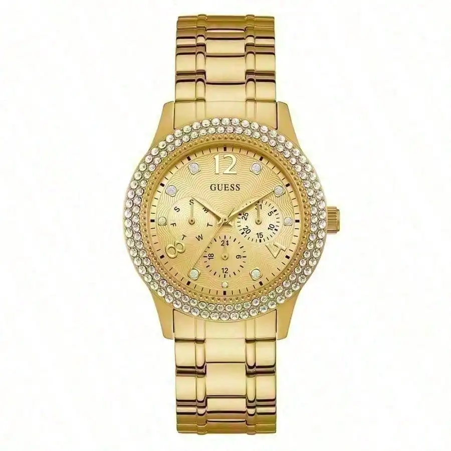 Женские кварцевые часы GUESS с кристаллами, многофункциональные, золотистые, с ремешком из нержавеющей стали, с блестящим циферблатом, для офиса, свадьбы, повседневной носки
Женские кварцевые часы GUESS с кристаллами, многофункциональные, золотистые, с ремешком из нержавеющей стали, с блестящим циферблатом, для офиса, свадьбы, повседневной носки