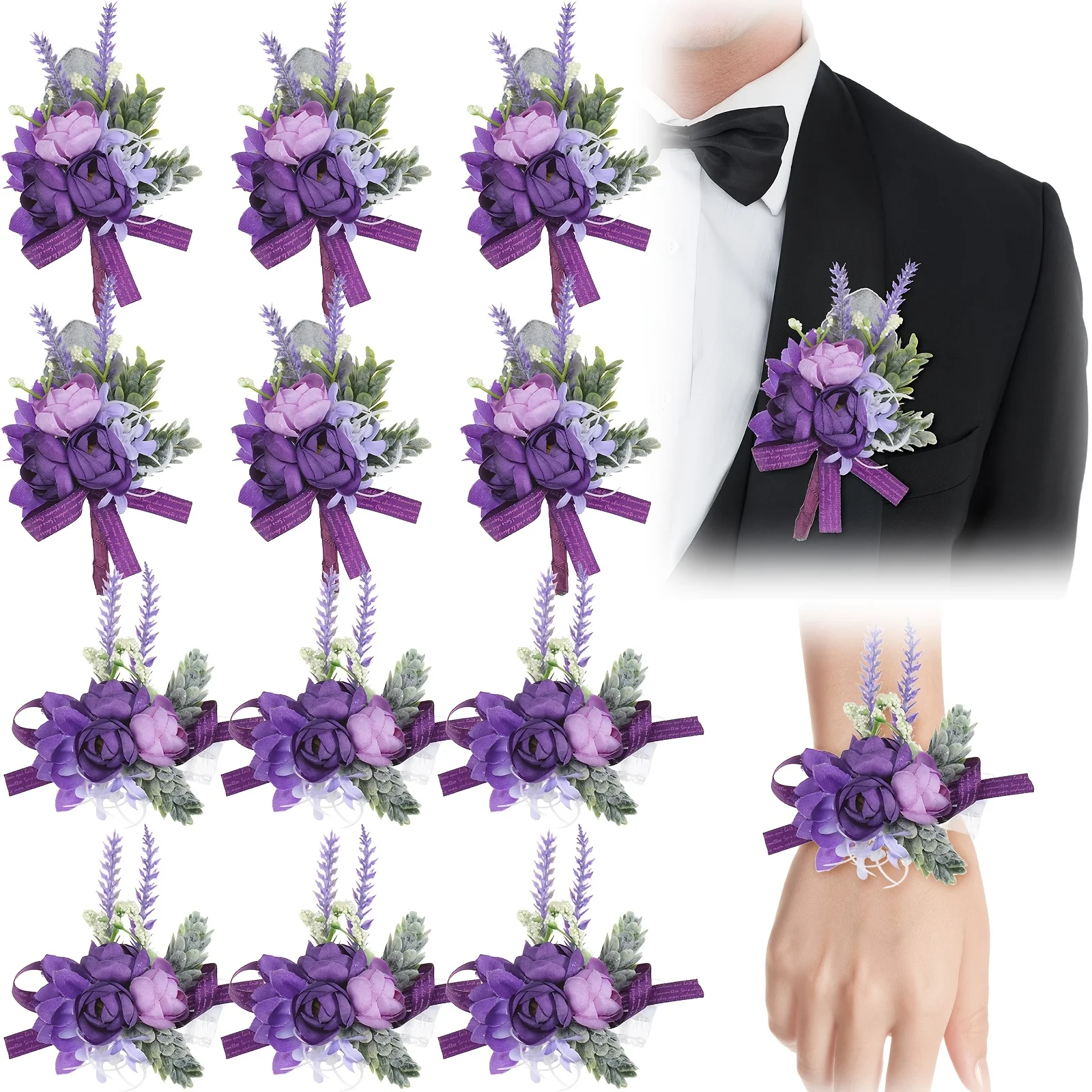 12pcs Purple Wrist Corsage And Boutonniere Set For Groom Groomsmen Bride Bridesmaids Wedding Party Prom Suit Artificial
12pcs Purple Wrist Corsage And Boutonniere Set For Groom Groomsmen Bride Bridesmaids Wedding Party Prom Suit Artificial