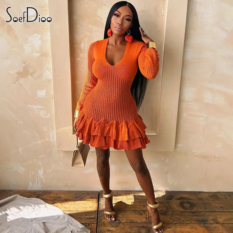 Soefdioo Fashion Long Sleeve Deep V-Neck Slim Ruffles Knitted Mini Short Dress for Women Birthday Party Dresses Vestidos 2024
Soefdioo Fashion Long Sleeve Deep V-Neck Slim Ruffles Knitted Mini Short Dress for Women Birthday Party Dresses Vestidos 2024
