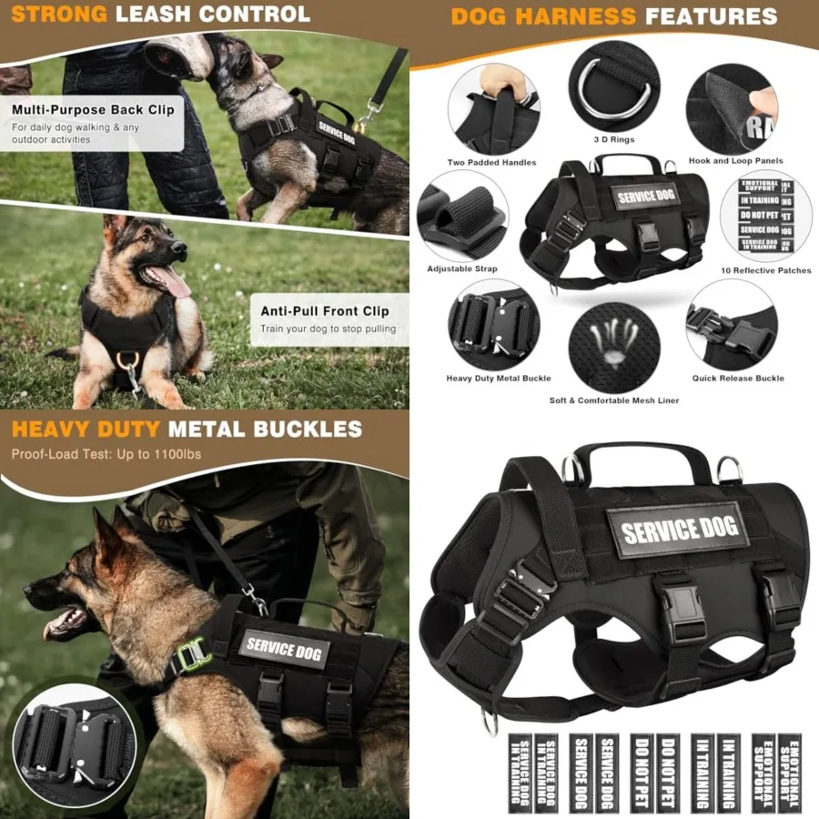 Service Dog Vest Harness for Dog, Tactical Working MOLLE Vest with 10 Pet Patches, No Pull Heavy Duty Harness for Training Walk
Service Dog Vest Harness for Dog, Tactical Working MOLLE Vest with 10 Pet Patches, No Pull Heavy Duty Harness for Training Walk