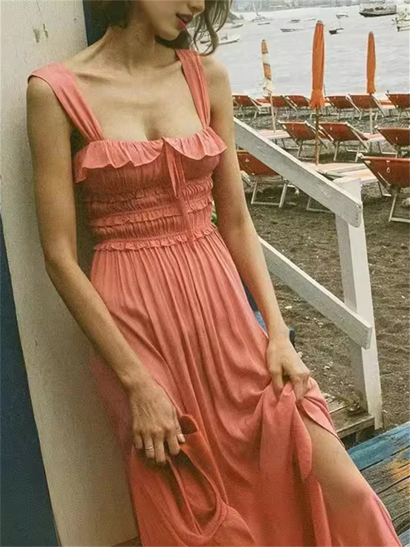 Ladies Solid Color Sleeveless Strapless Sweet Mid-Length Sling Robe Women's Ruffle Pleated Elastic Waist Sexy Square Neck Dress
Ladies Solid Color Sleeveless Strapless Sweet Mid-Length Sling Robe Women's Ruffle Pleated Elastic Waist Sexy Square Neck Dress