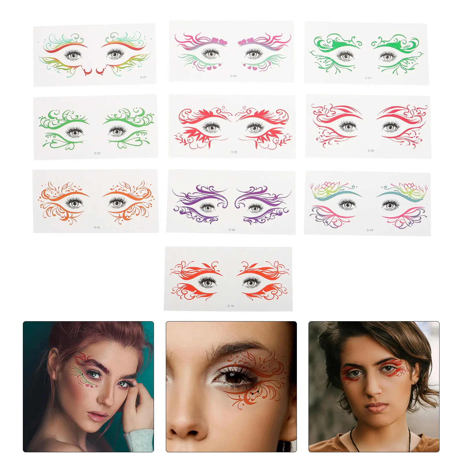 10 Sheets Colorful Corner Eye Temporary Tattoo Stickers Waterproof Safe for Masquerade Party Halloween Face Decoration Eye
10 Sheets Colorful Corner Eye Temporary Tattoo Stickers Waterproof Safe for Masquerade Party Halloween Face Decoration Eye