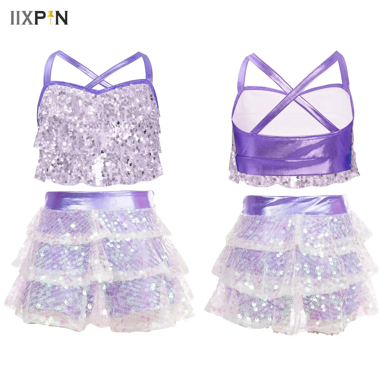 Kids Girls Sequins Jazz Dance Outfit Glittery Metallic Tiered Ruffles Camisole Cheerleading Dance Crop Top Performance Costume 
Kids Girls Sequins Jazz Dance Outfit Glittery Metallic Tiered Ruffles Camisole Cheerleading Dance Crop Top Performance Costume