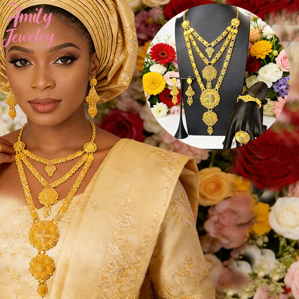 African Classic Necklace Drop Earrings Women Bracelet with Ring 4pcs Set Luxury Gold Color Jewelry Dubai Fashion Lady Jewelry
African Classic Necklace Drop Earrings Women Bracelet with Ring 4pcs Set Luxury Gold Color Jewelry Dubai Fashion Lady Jewelry