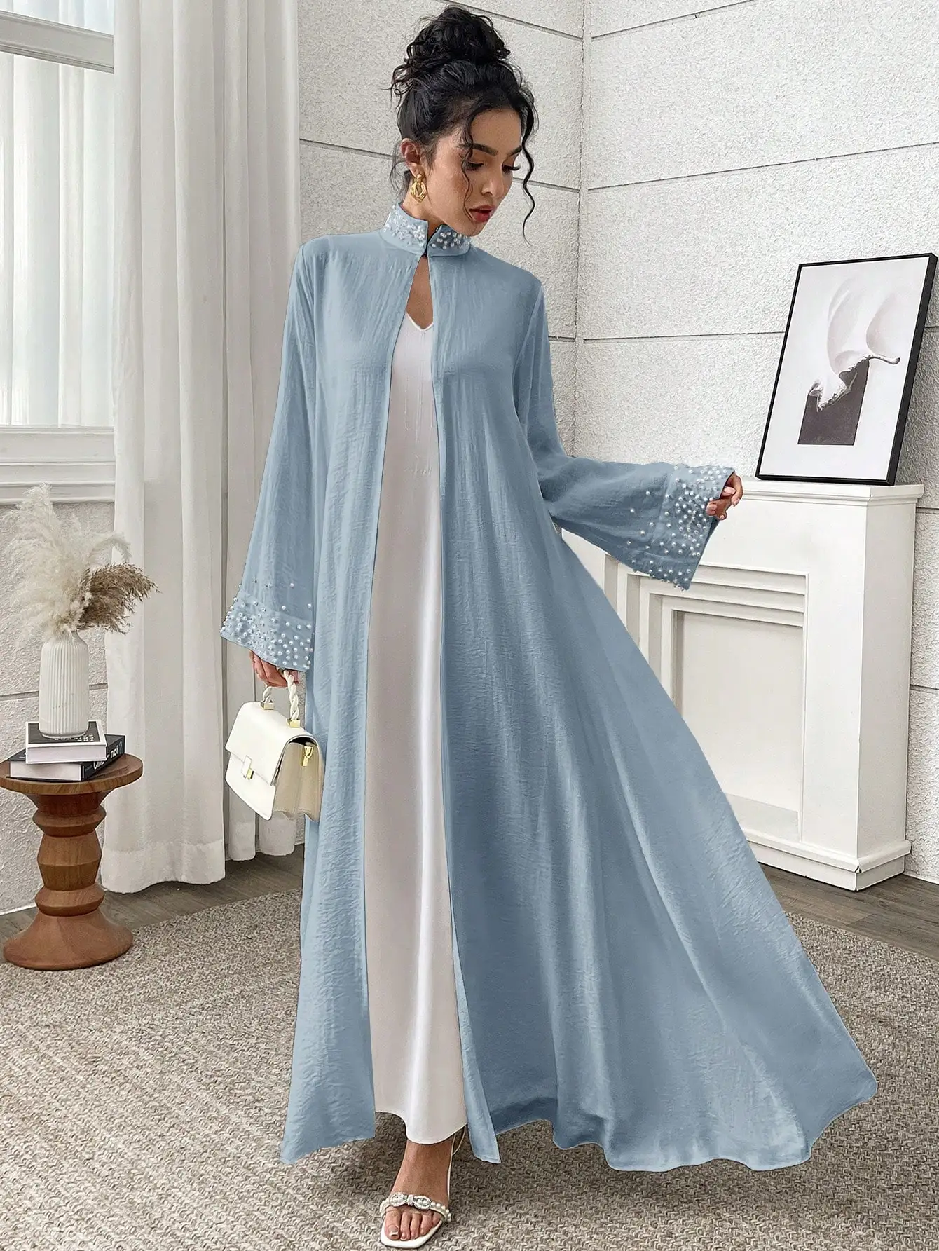 Elegant Solid Color Beaded Stand Collar Arabic Abaya Modest Robe
Elegant Solid Color Beaded Stand Collar Arabic Abaya Modest Robe