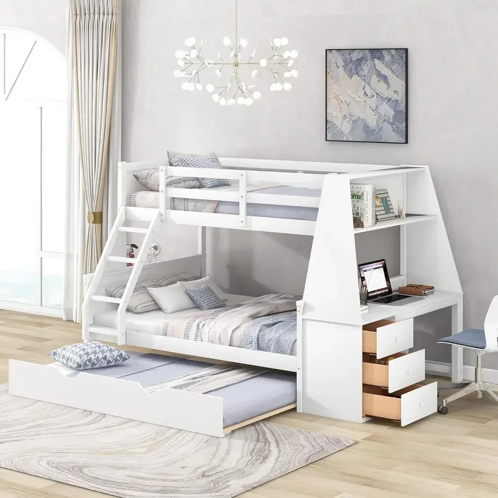 Twin Over Full Bunk Bed with Trundle and Desk, Solid Wood Storage Drawers - White
Twin Over Full Bunk Bed with Trundle and Desk, Solid Wood Storage Drawers - White