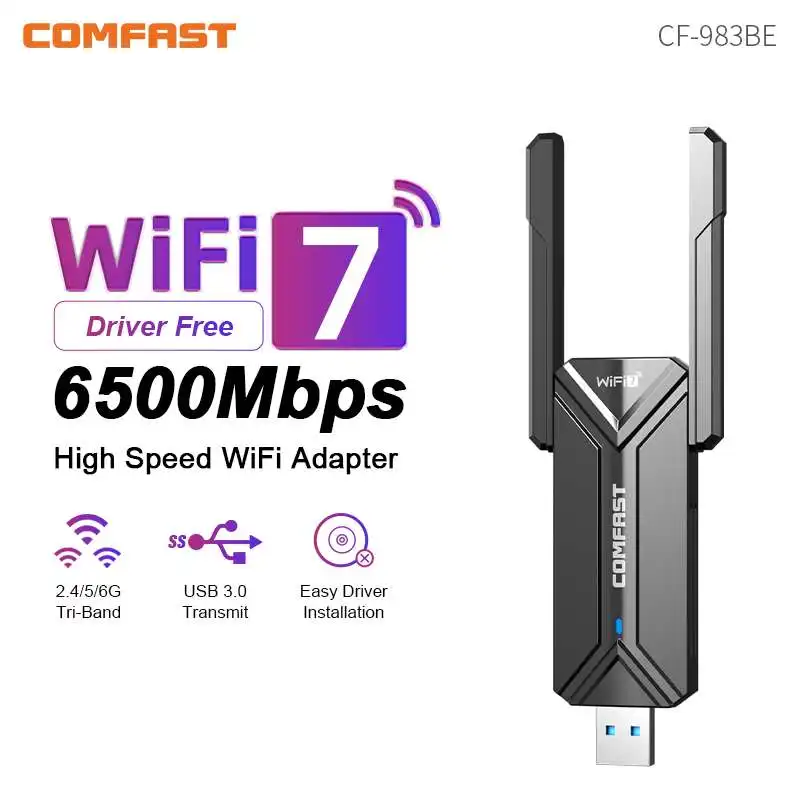 COMFAST WiFi 7 USB Adapter BE6500 2.4G&5.8G&6GHz Tri-band Wireless Network Card 6500Mbps Free-Drive WiFi7 Adaptador for Win10/11
COMFAST WiFi 7 USB Adapter BE6500 2.4G&5.8G&6GHz Tri-band Wireless Network Card 6500Mbps Free-Drive WiFi7 Adaptador for Win10/11