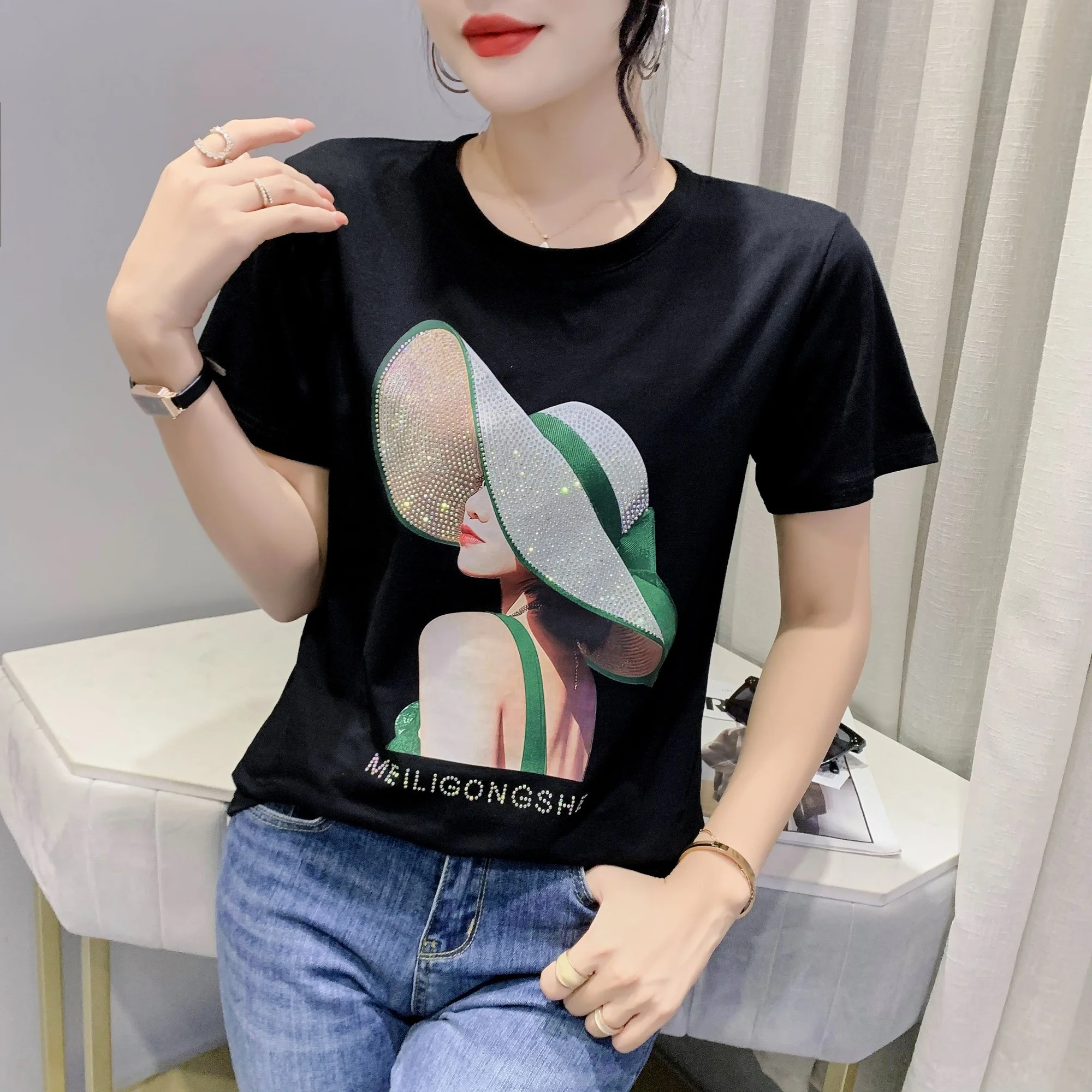 #7215 Black White Green Pink Short Sleeve T Shirt Women Cotton Summer Printed T Shirt Female Slim O-neck Womens Tshirt Diamonds
#7215 Black White Green Pink Short Sleeve T Shirt Women Cotton Summer Printed T Shirt Female Slim O-neck Womens Tshirt Diamonds
