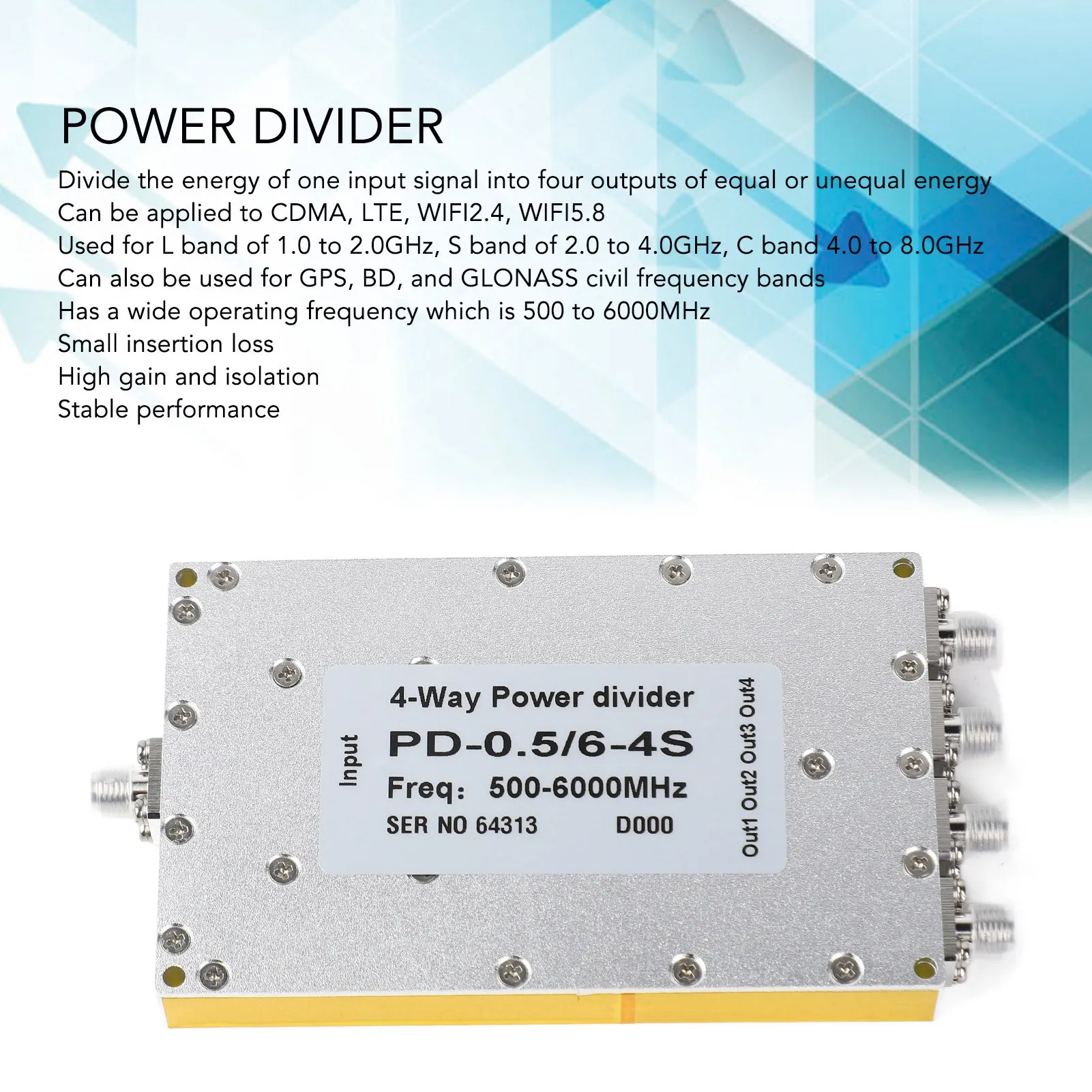 4 Way SMA Power Divider 500 To 6000MHz Small Insertion Loss High Gain SMA Microstrip Power Splitter 4 Way SMA Power Divider
4 Way SMA Power Divider 500 To 6000MHz Small Insertion Loss High Gain SMA Microstrip Power Splitter 4 Way SMA Power Divider