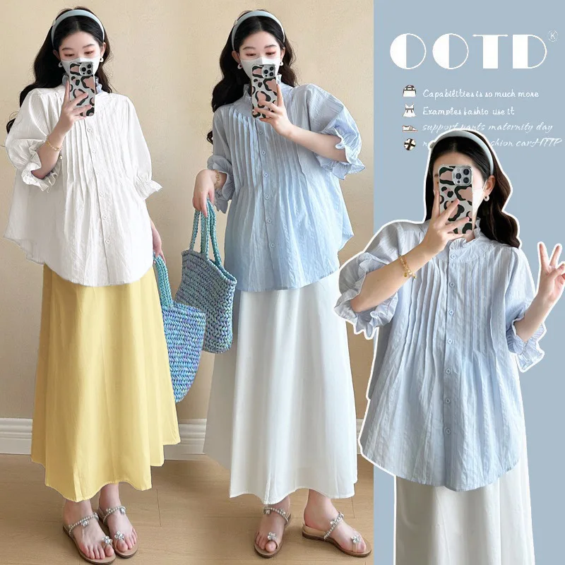 2025 Summer Pregnancy Outfit Peter Pan Collar Shirt with Adjustable Belly Support Skirt Breathable Maternity Two Piece Set
2025 Summer Pregnancy Outfit Peter Pan Collar Shirt with Adjustable Belly Support Skirt Breathable Maternity Two Piece Set