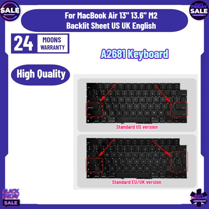 Laptop A2681 Keyboard Backligt for MacBook Air 13" 13.6" M2 Backlit Sheet US UK English
Laptop A2681 Keyboard Backligt for MacBook Air 13" 13.6" M2 Backlit Sheet US UK English