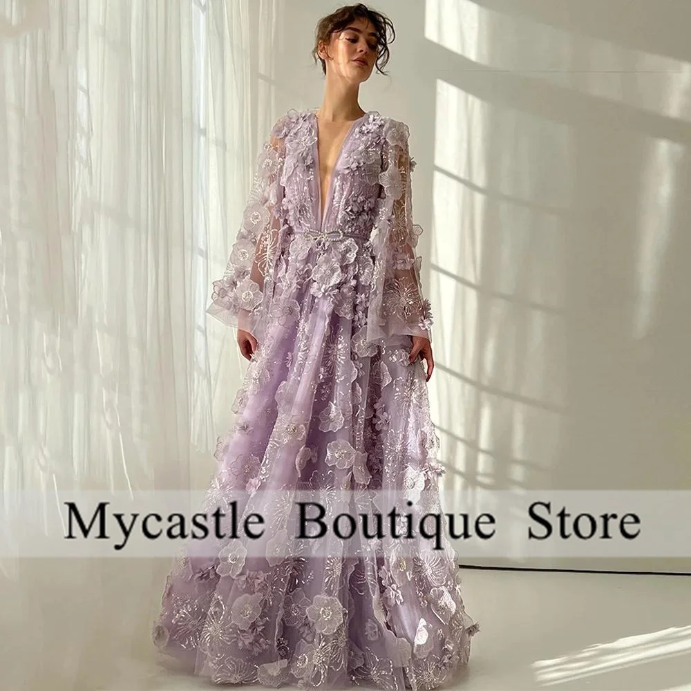 Luxury Lilac Tulle Evening Dress Customized Long Sleeves V Neck Flower Lace A Line Birthday Party Gown Prom Dresses
Luxury Lilac Tulle Evening Dress Customized Long Sleeves V Neck Flower Lace A Line Birthday Party Gown Prom Dresses